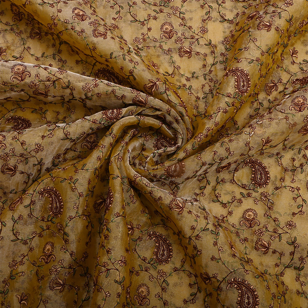 Buttered Rum Yellow Tissue Embroidered Fabric