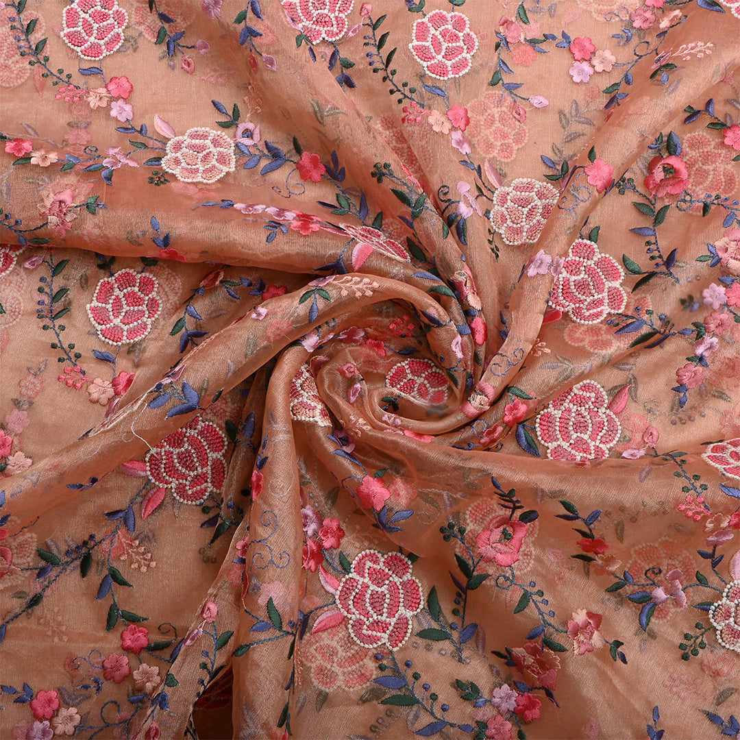 Dark Peach Tissue Floral Embroidered Fabric
