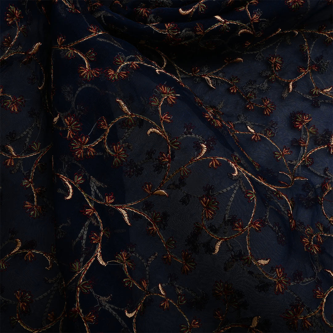 Dark Blue Gray Organza Thread Work Fabric