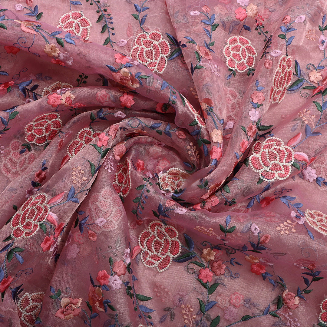 Greyish Pink Tissue Floral Embroidered Fabric