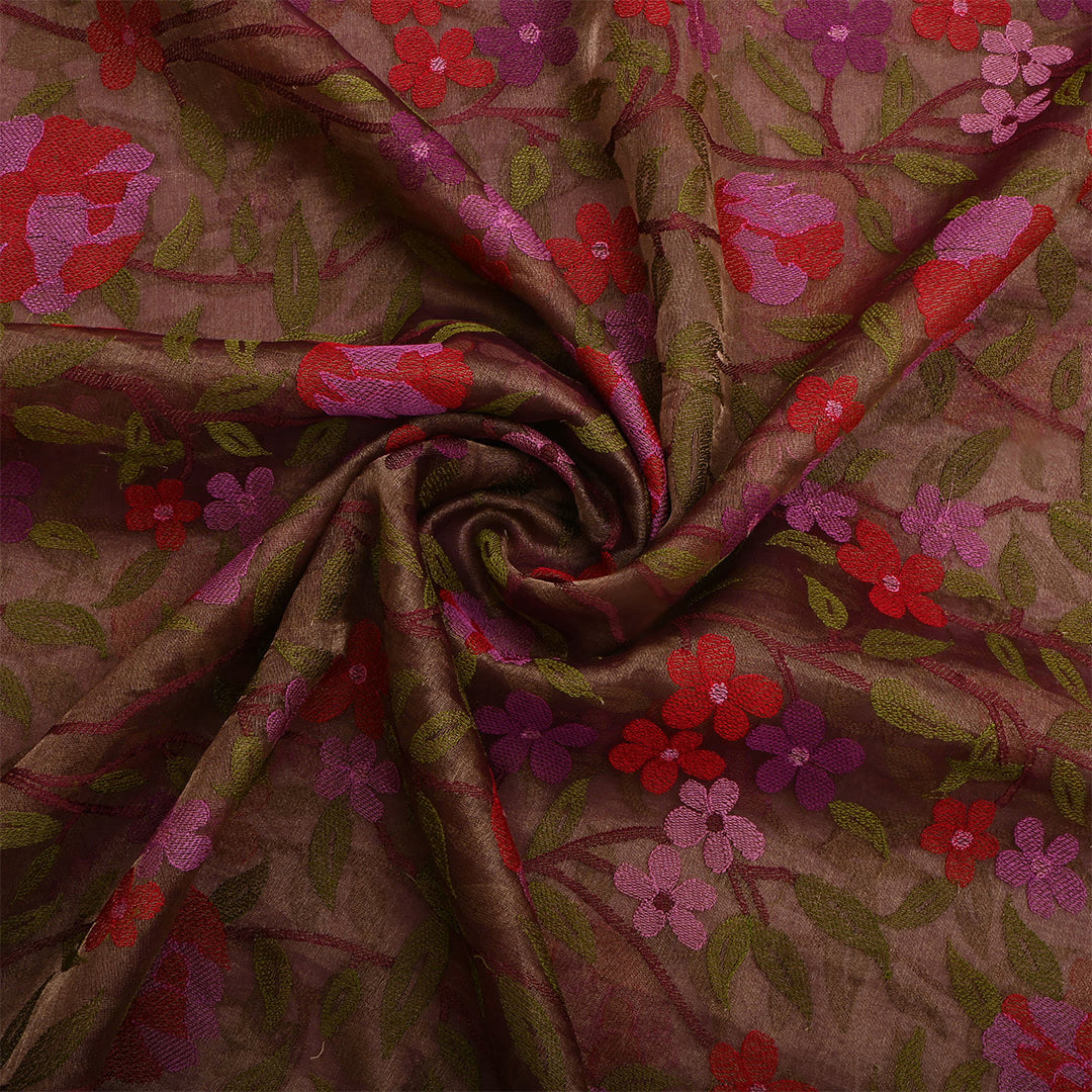 Brown Tissue Embroidered Fabric
