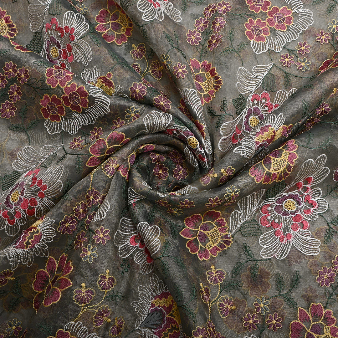 Light Gray Green Tissue Embroidered Fabric