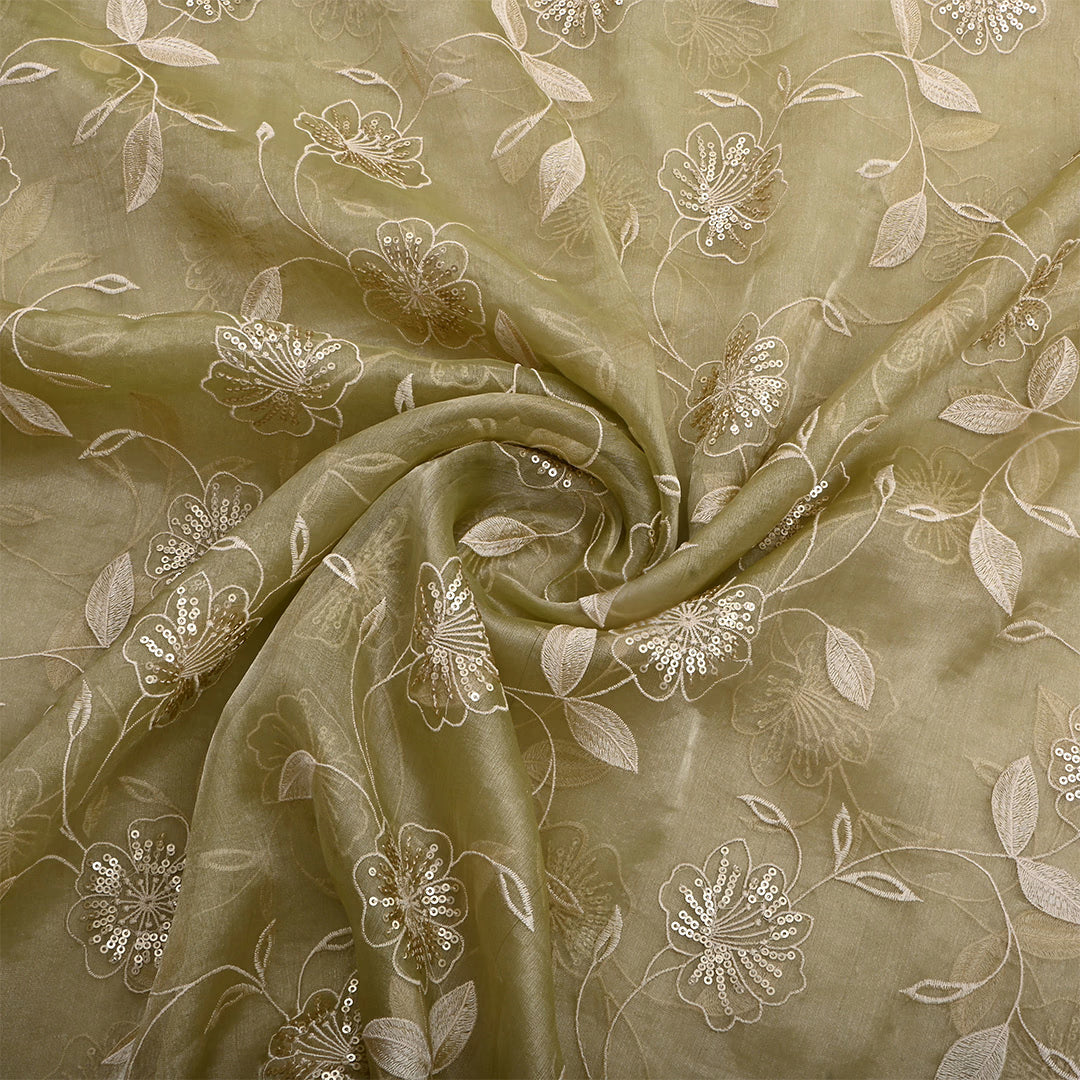 Light Moss Green Tissue Embroidered Fabric