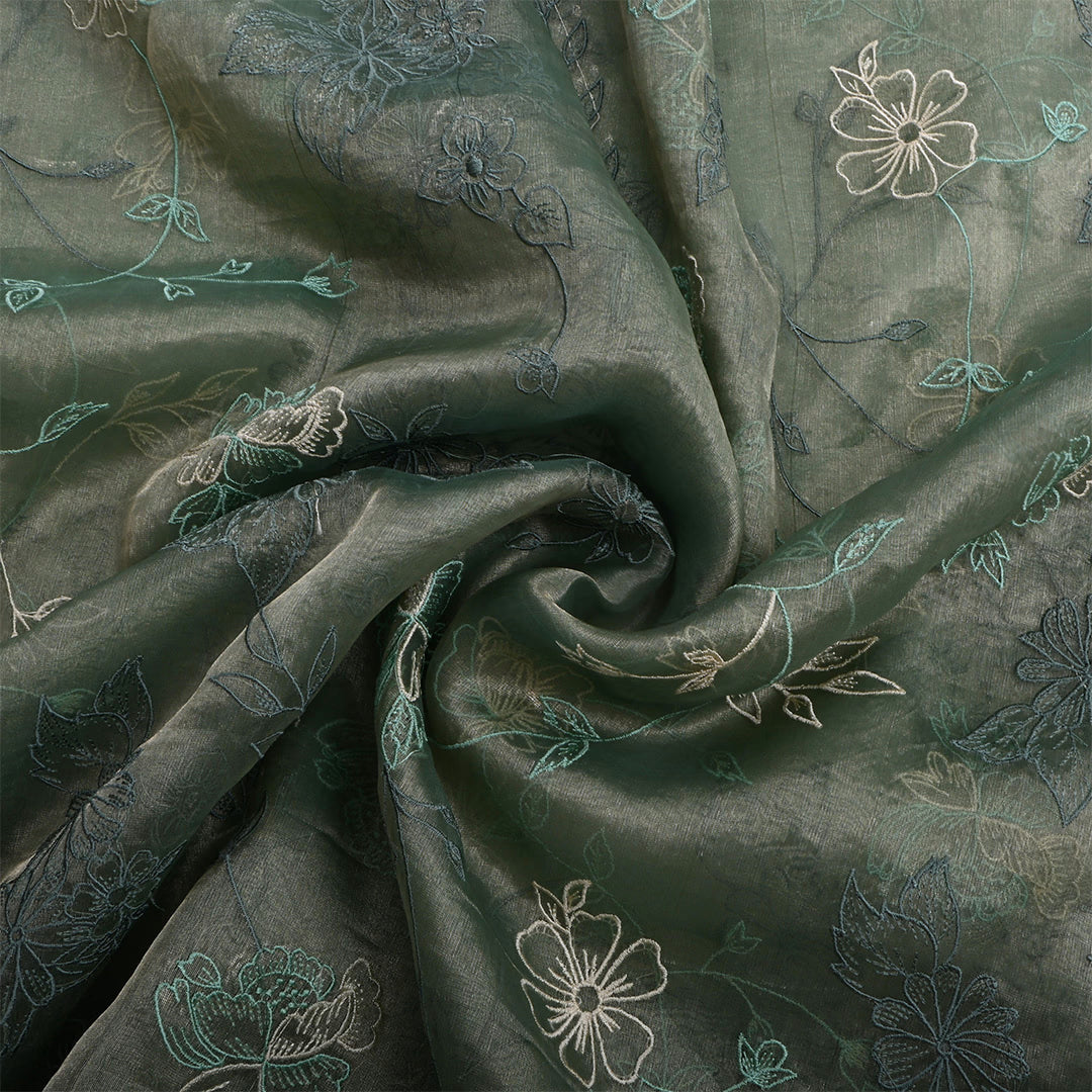 Storm Dust Green Tissue Embroidered Fabric