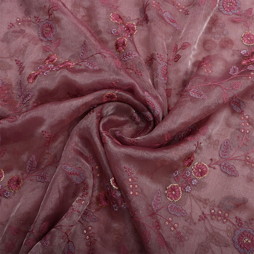 Purplish Brown Tissue Embroidered Fabric