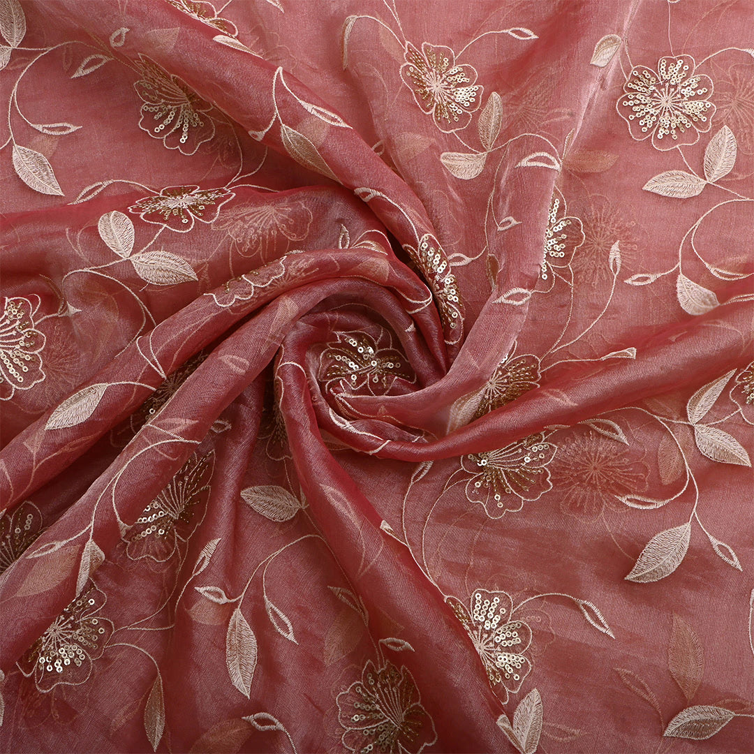 Wine Red Tissue Embroidered Fabric