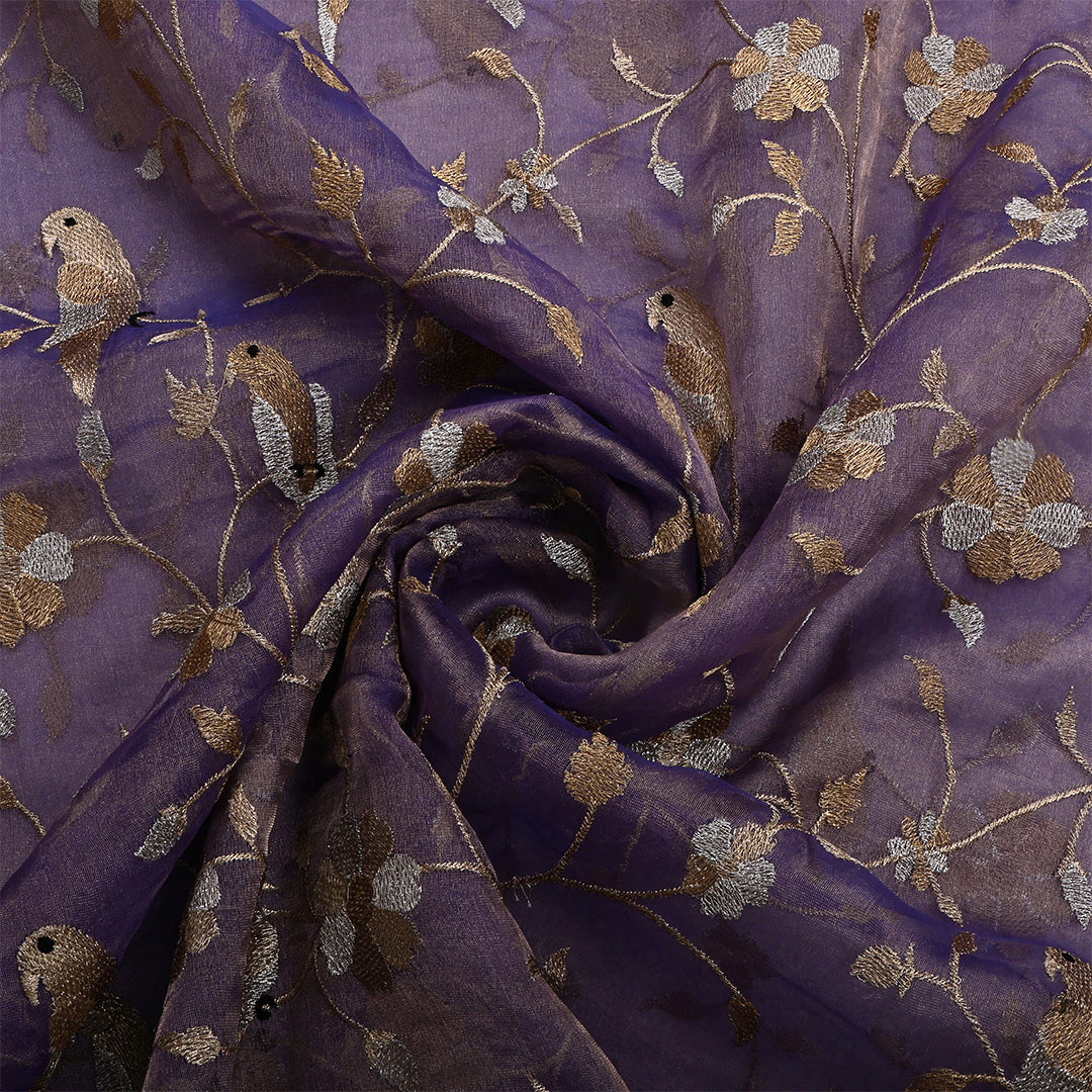 Mauve Purple Tissue Organza Embroidered Vine Fabric