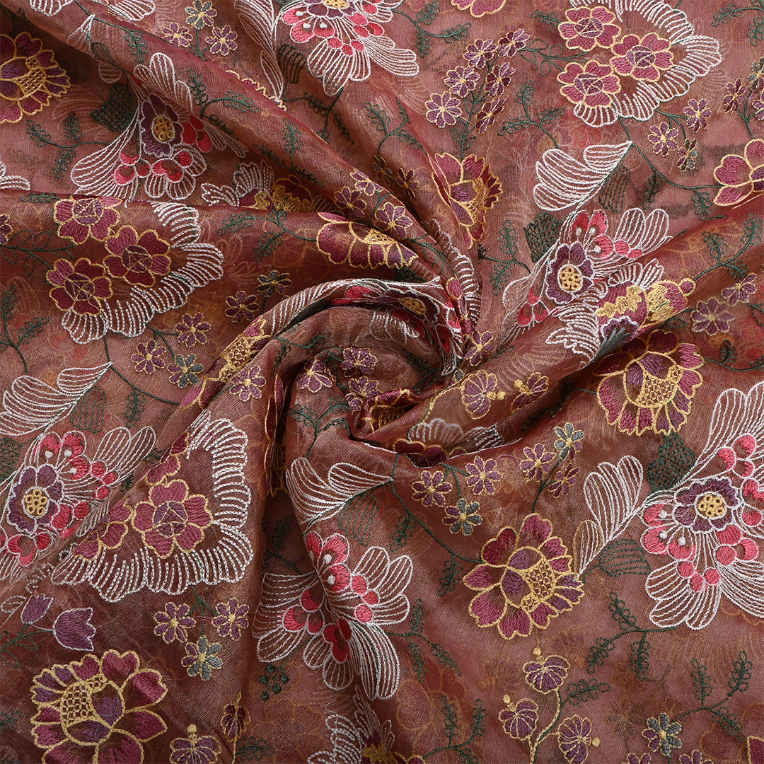 Metallic Copper Tissue Embroidered Fabric