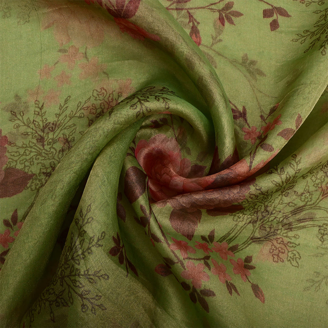 Drab Green Tissue Floral Printed Fabric