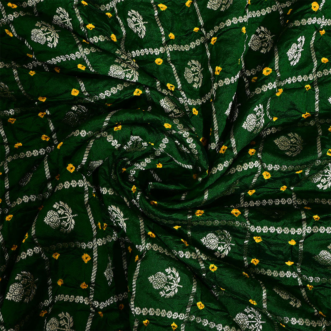 County Green Silk Bandhani Fabric With Checks Pattern