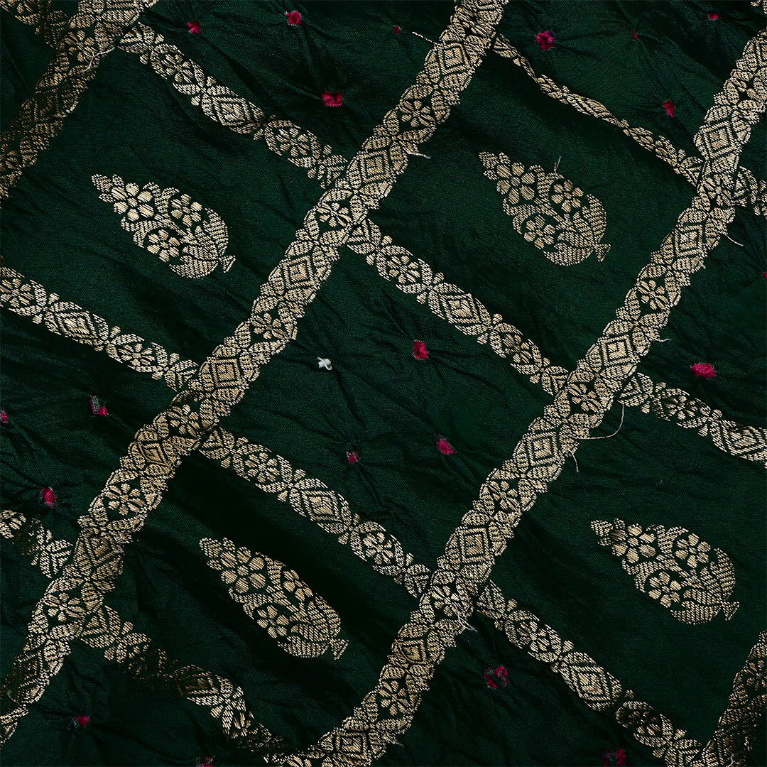 Timber Green Silk Bandhani Fabric With Floral Jaal