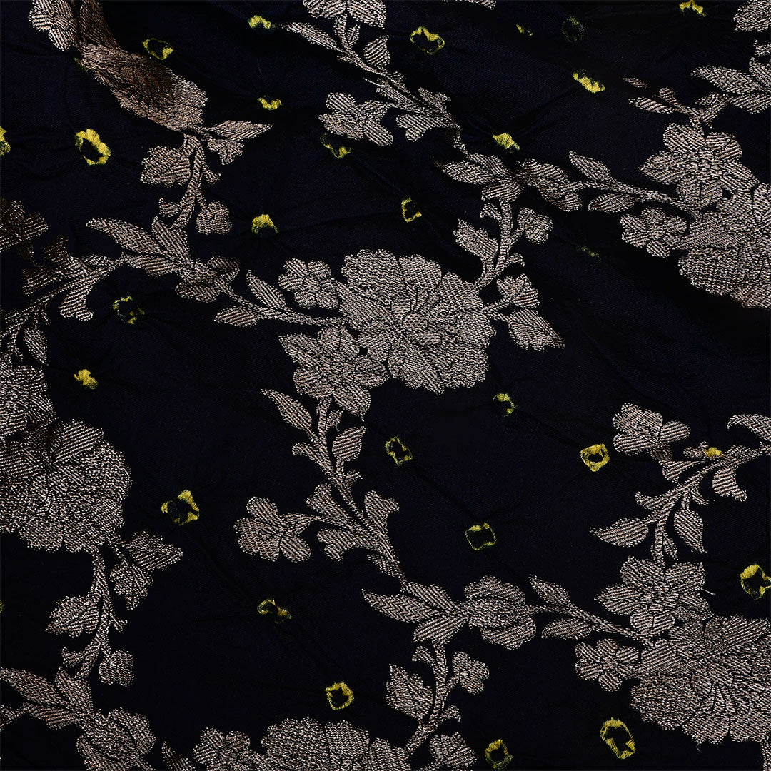 Black Silk Bandhani Fabric With Floral Jaal