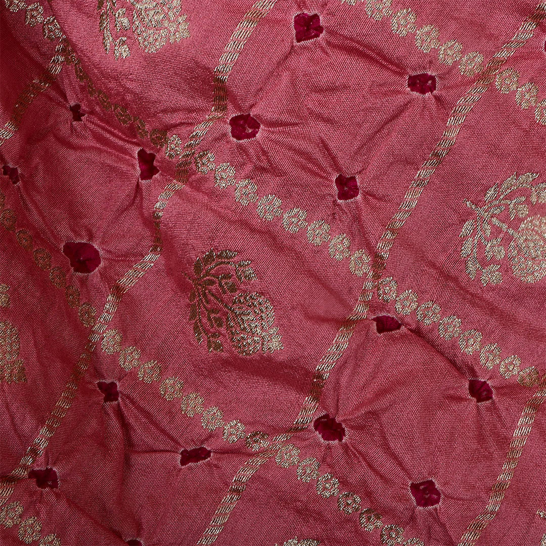 Dark Rose Pink Silk Bandhani Fabric With Checks Pattern
