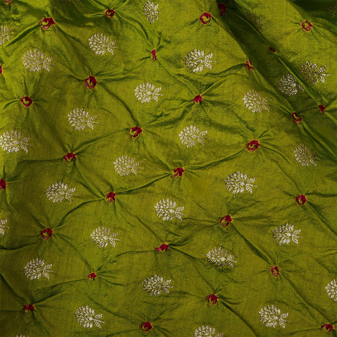 Greeny Brown Silk Bandhani Fabric With Floral Motifs