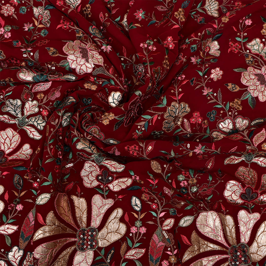 Claret Red Georgette Embroidered Fabric