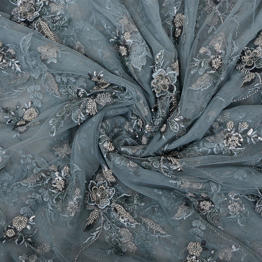 Bluish Gray Netted Embroidered Fabric