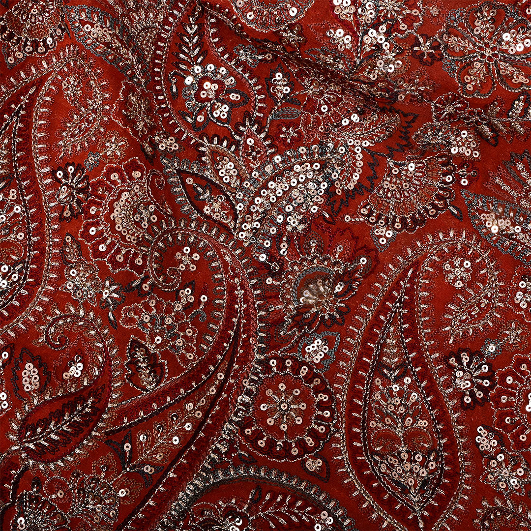 Timberbird Orange Georgette Embroidered Fabric