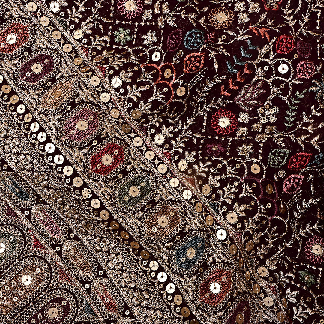 Sapia Black Brown Georgette Embroidered Fabric