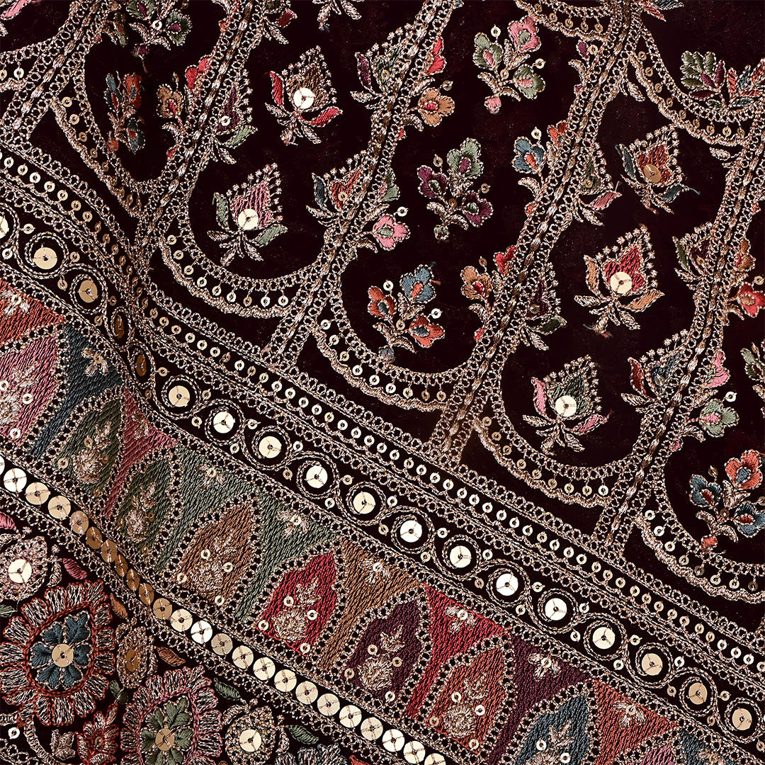 Dark Maroon Georgette Embroidered Fabric