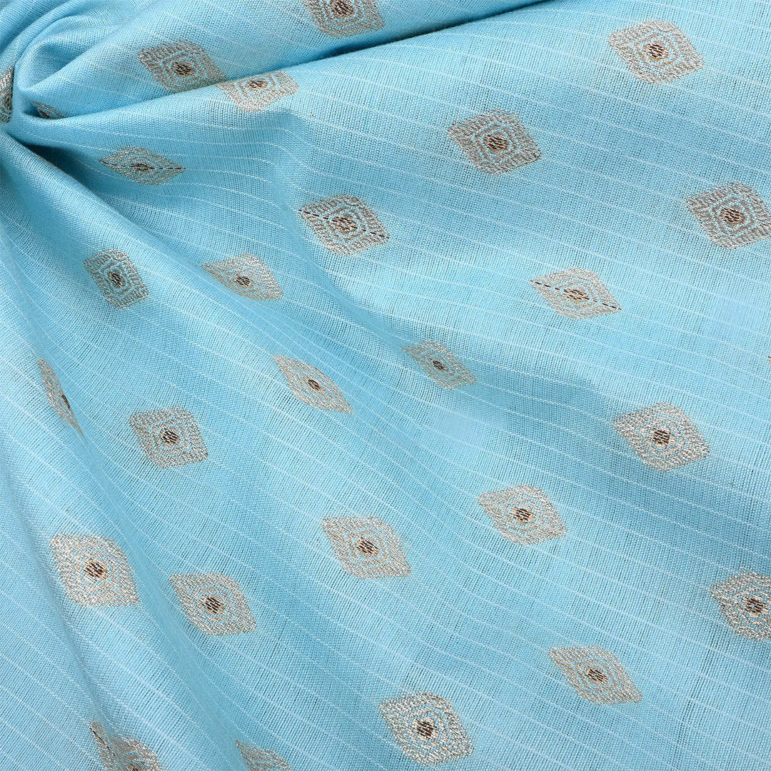 Coral Blue Jamawar Silk Fabric With Butti'S