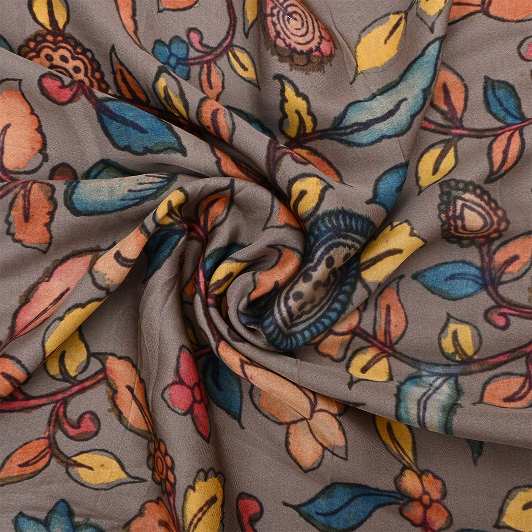 Cinereous Red Satin Fabric With Kalamkari Print