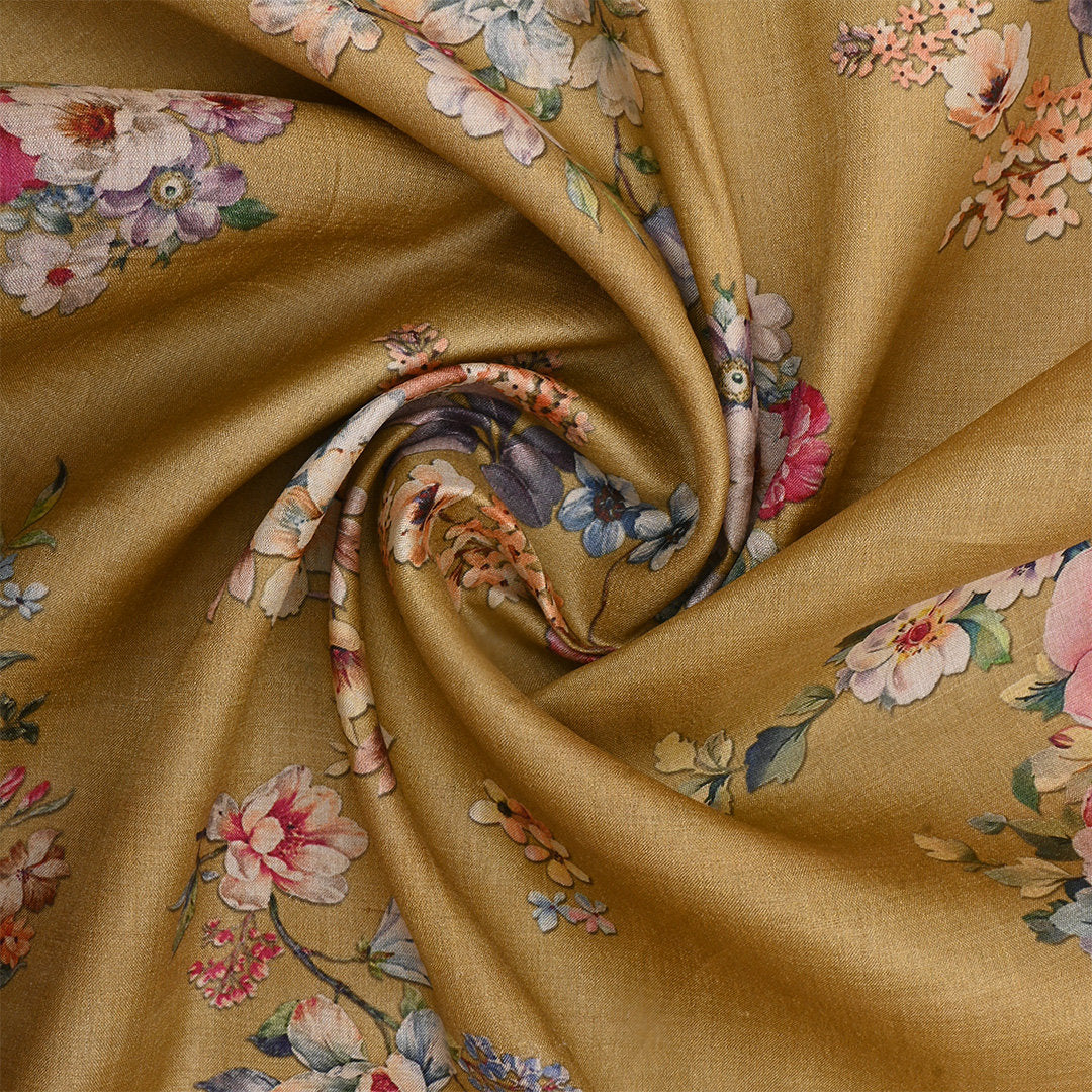 Muddy Waters Yellow Tussar Fabric With Floral Prints