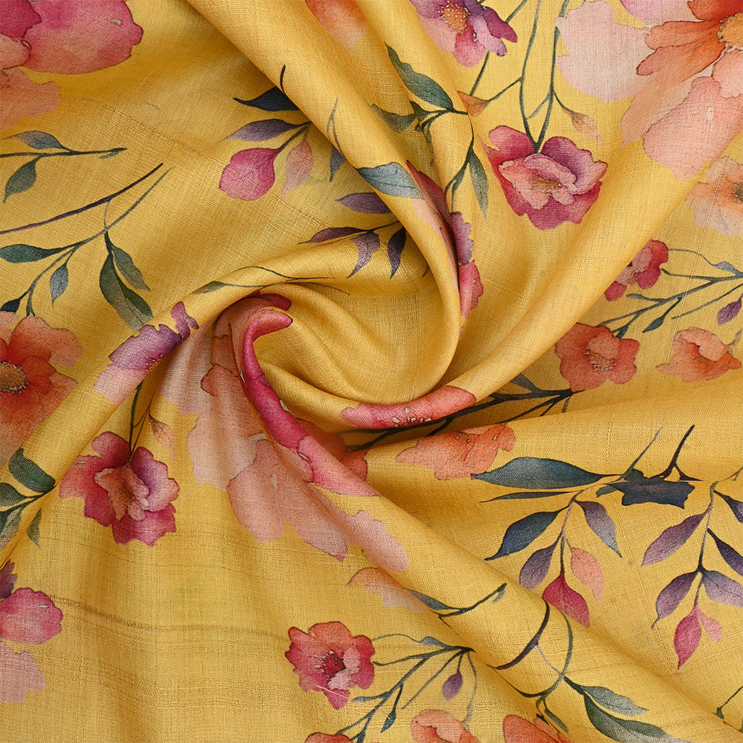 Apache Yellow Tussar Fabric With Floral Prints