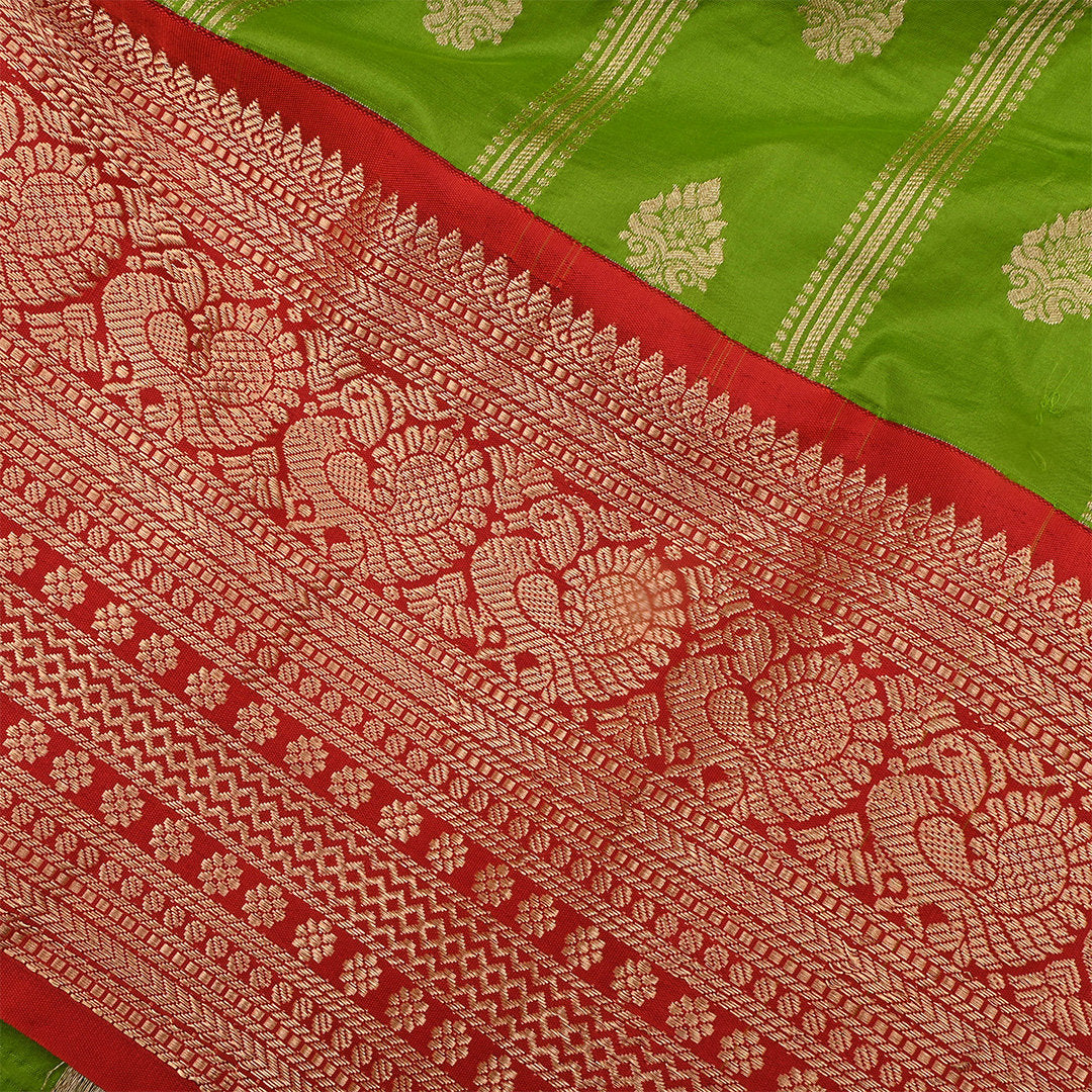 Sap Green Jamawar Silk Fabric With Contrast Border