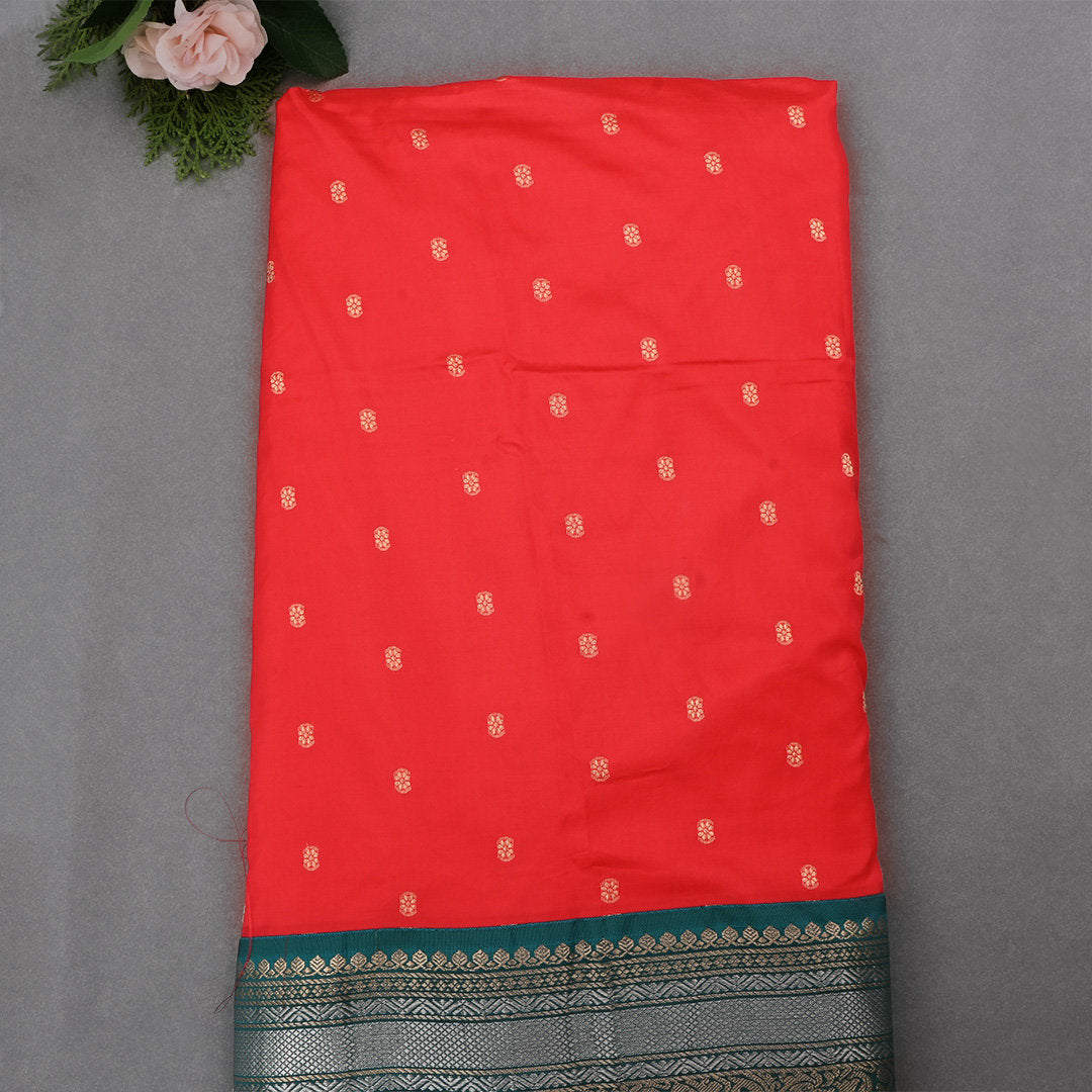 Rose Madder Red Jamawar Silk Fabric With Buttis