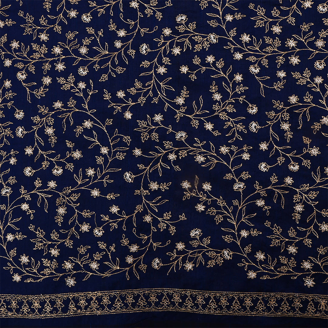 Dark Navy Blue Dupion Rawsilk Zari Embroidered Fabric