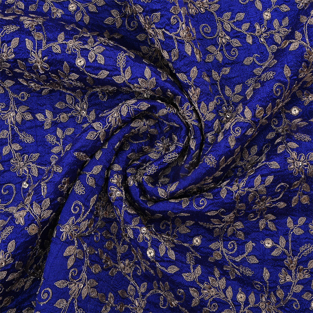 Denim Dark Blue Dupion Raw Silk Zari Embroidered Fabric