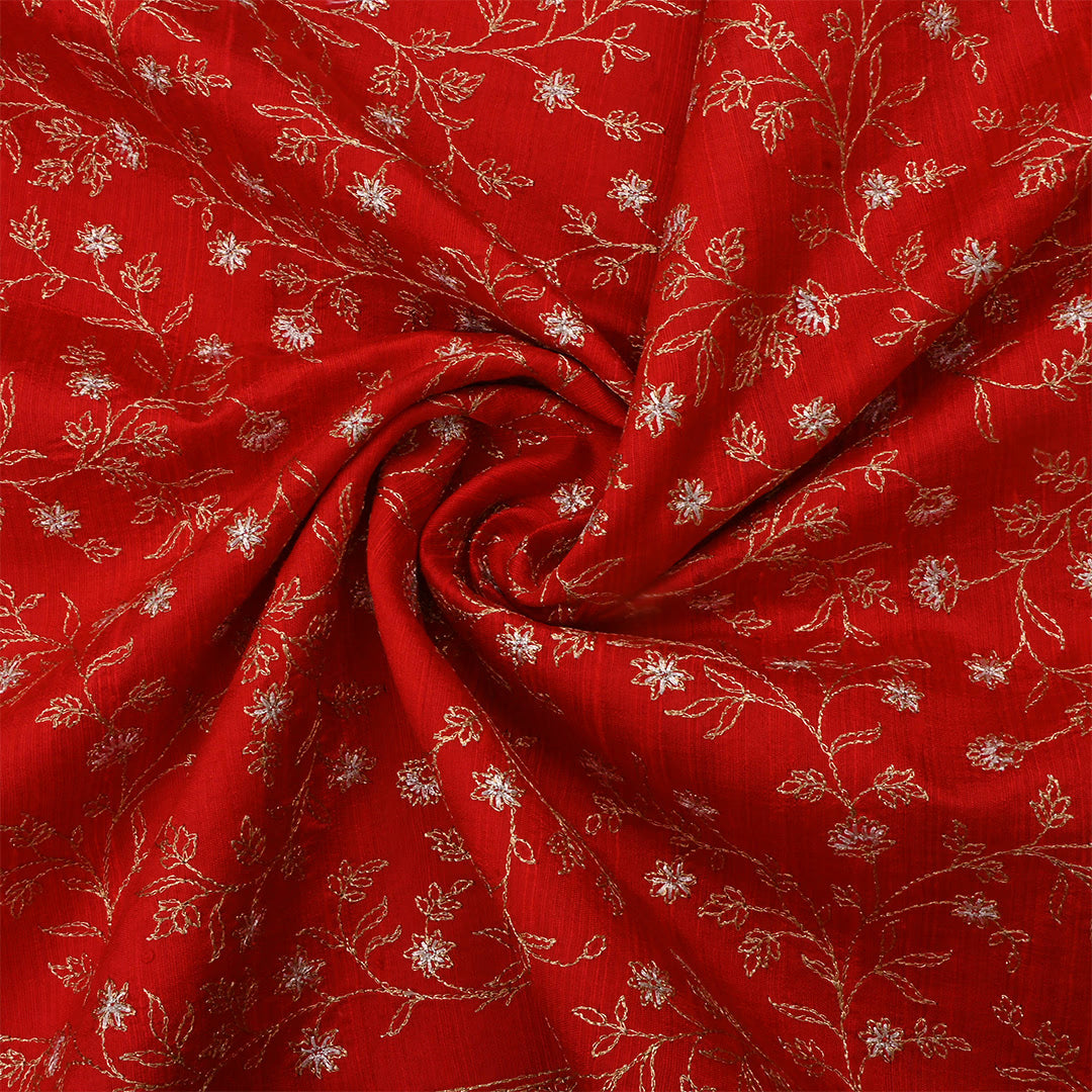Burnt Orange Dupion Raw Silk Zari Embroidered Fabric