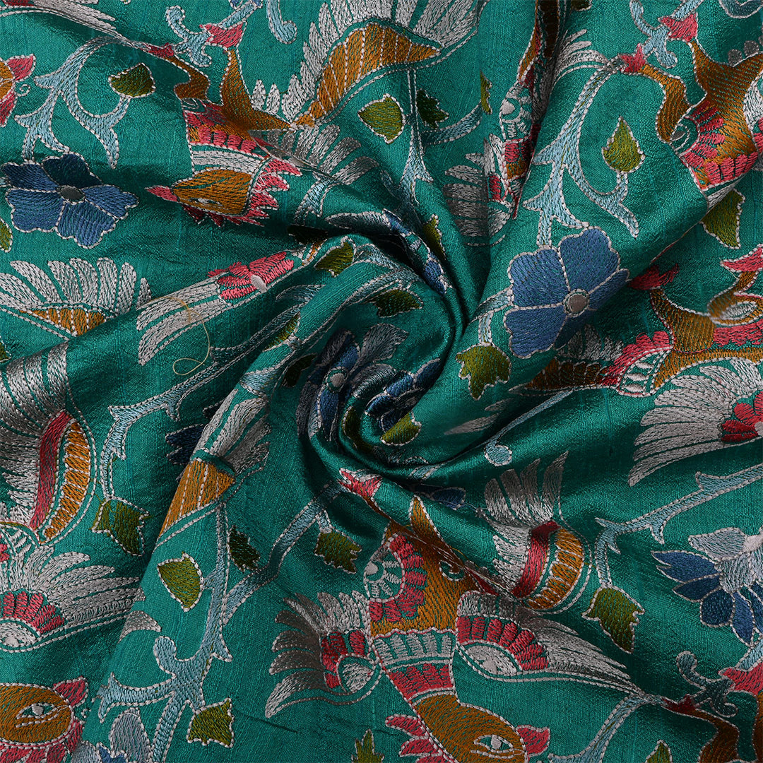 Dark Greenish Blue Dupion Raw Silk Embroidered Fabric