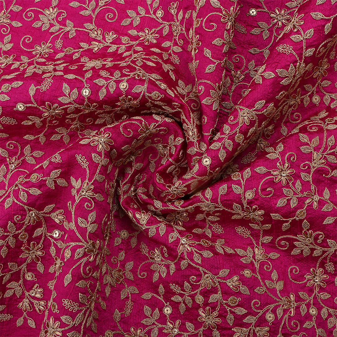 Jazzberry Jam Pink Dupion Raw Silk Zari Embroidered Fabric
