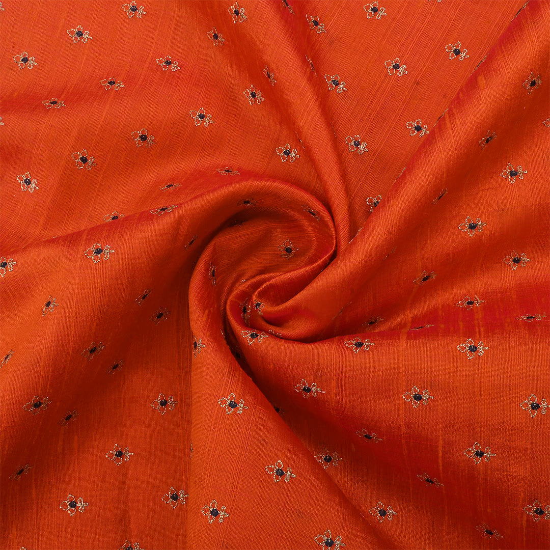 Orange Dupion Raw Silk Zari Embroidered Fabric
