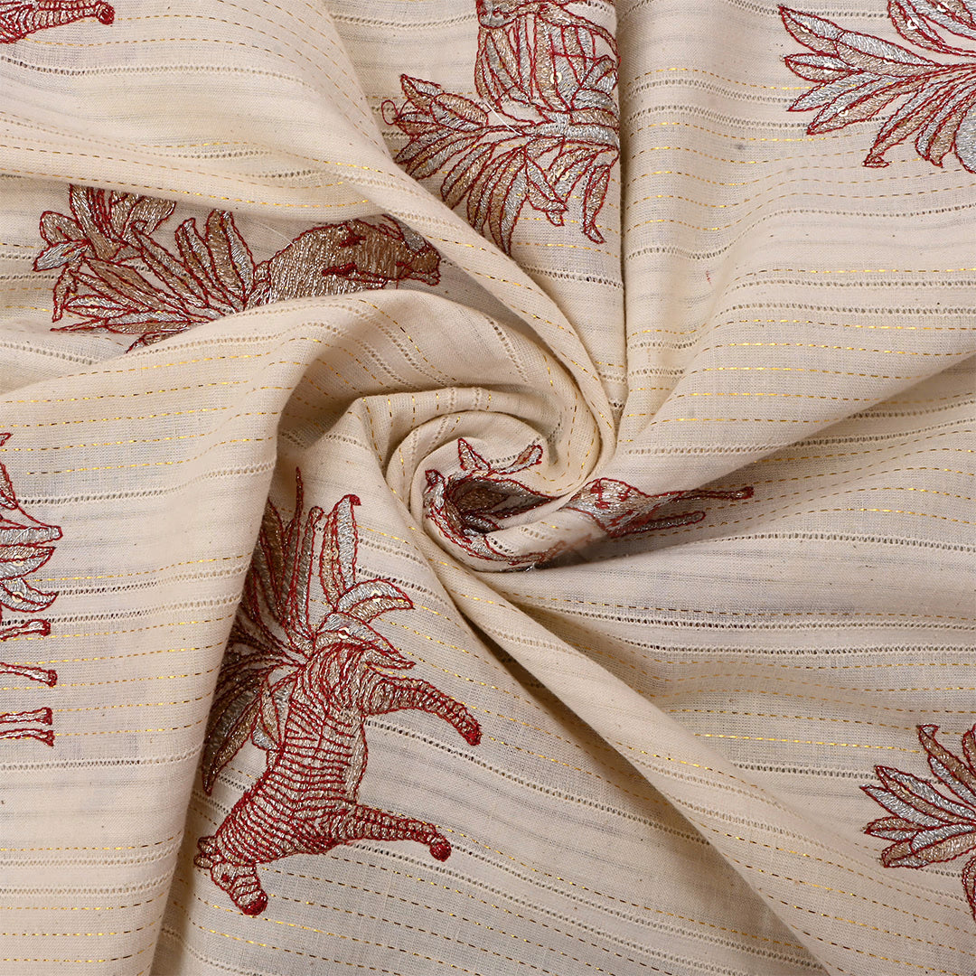 Vanilla Orange Cotton Embroidered Fabric With Animal Motifs