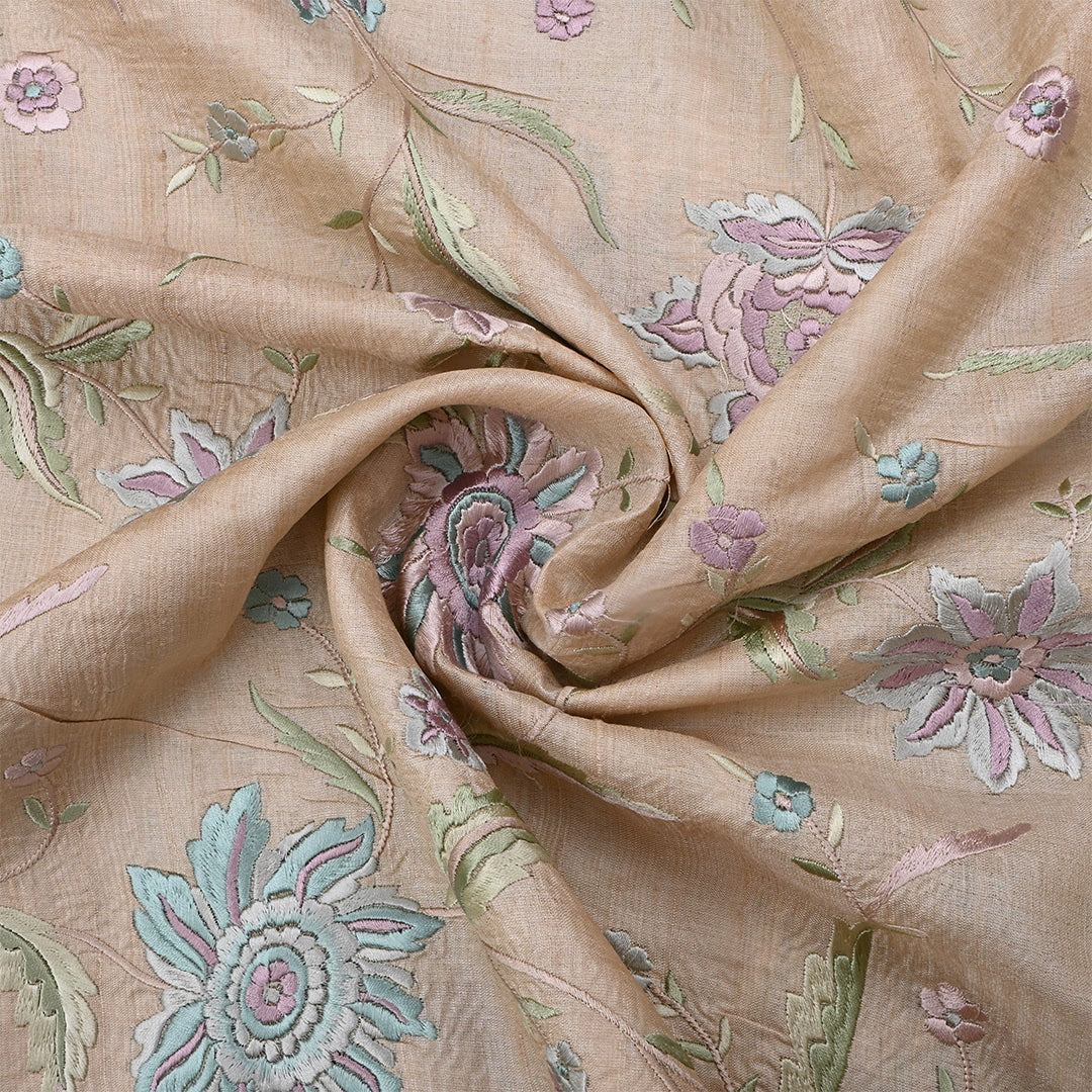 Almond Beige Tussar Embroidered Fabric With Floral Jaal