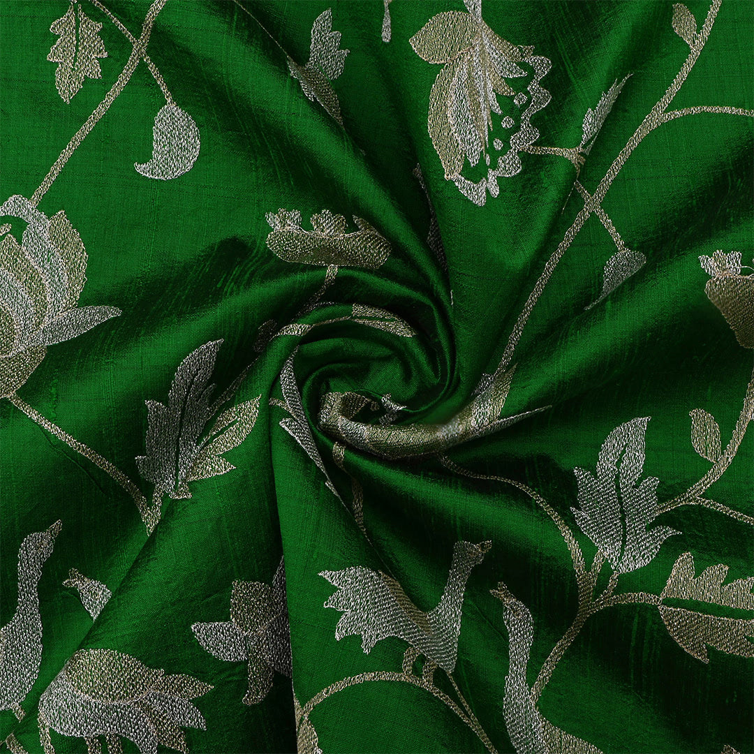 Deep Green Dupion Raw Silk Embroidered Fabric