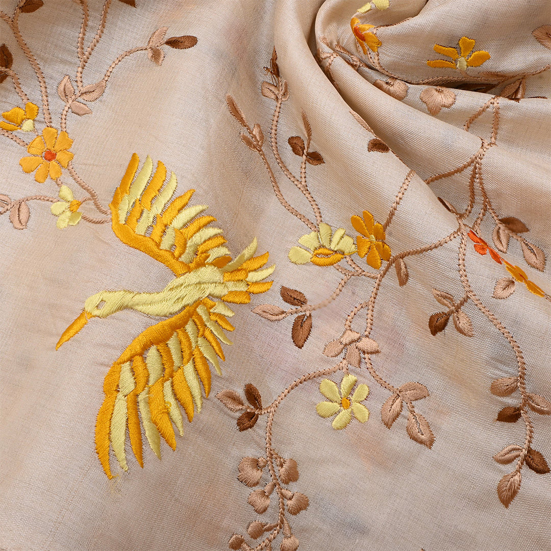 Almond Beige Tussar Embroidered Fabric