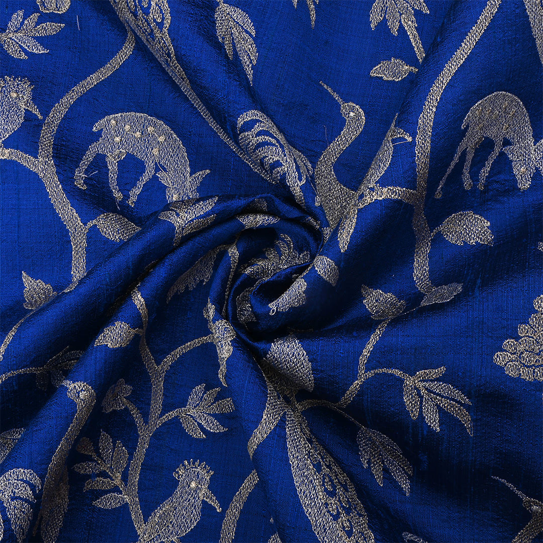Lapis Blue Dupion Raw Silk Embroidered Fabric