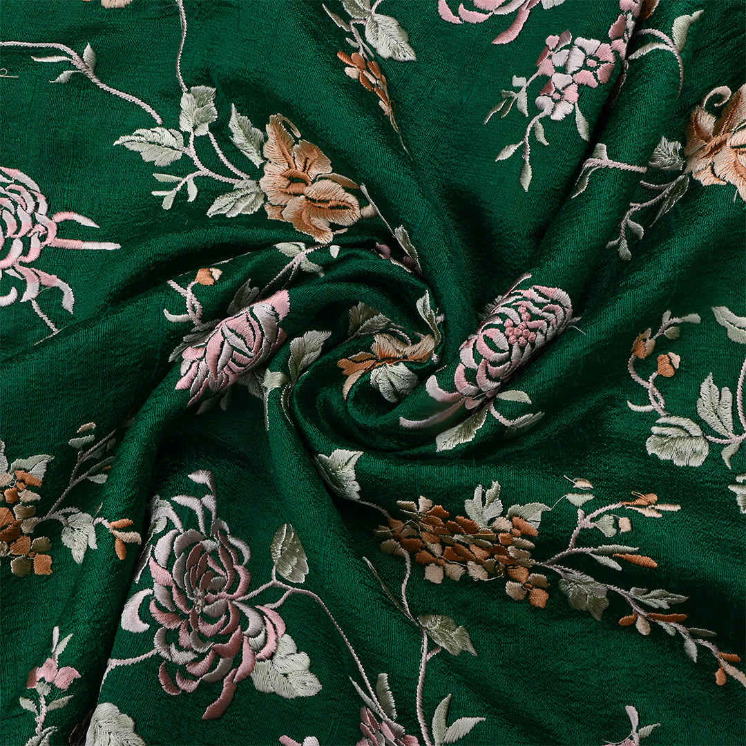 Evergreen Dupion Raw Silk Embroidered Fabric