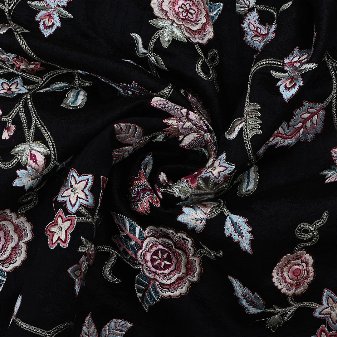 Jute Black Dupion Raw Silk Embroidered Fabric