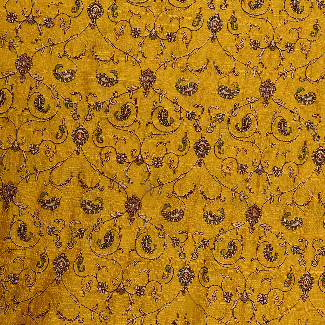 Dark Gold Dupion Raw Silk Paisley Embroidered Fabric