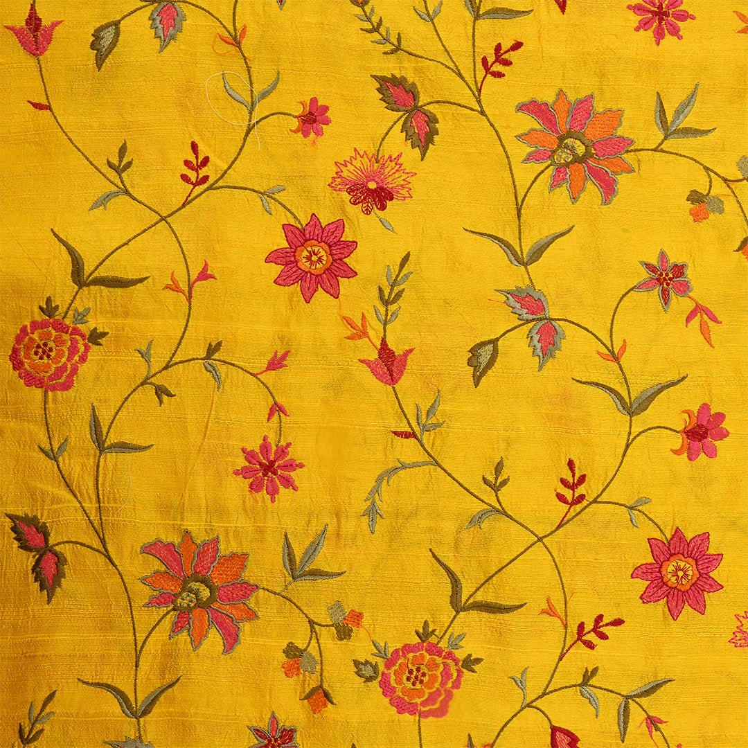 Burnt Yellow Dupion Raw Silk Embroidered Fabric