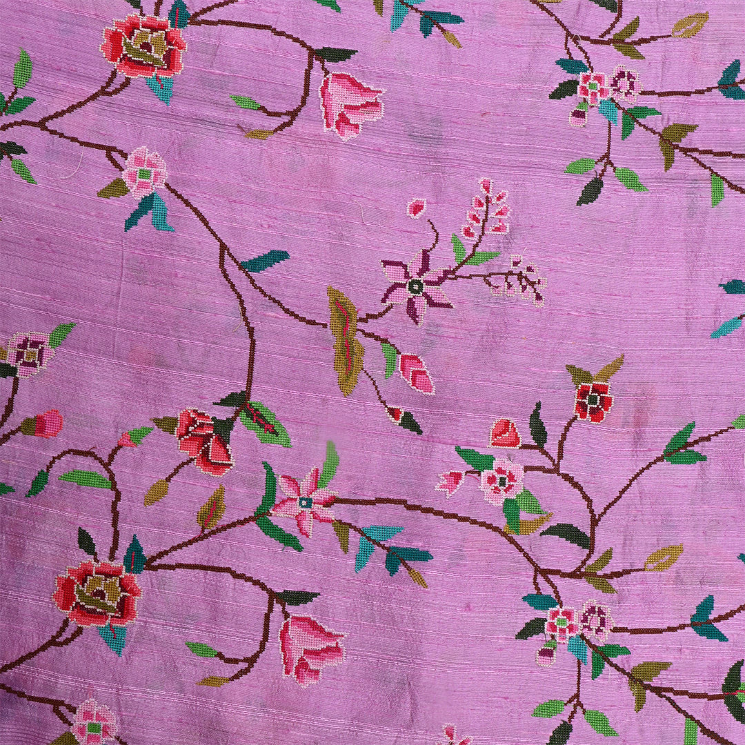 Dirty Purple Dupion Raw Silk Petit Point Embroidered Fabric