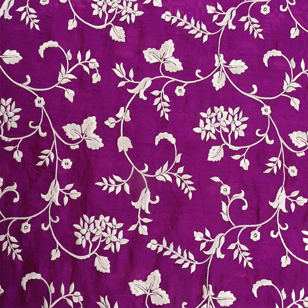 Purple Jam Dupion Raw Silk Embroidered Fabric