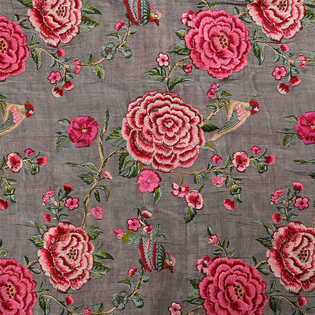 Dark Silver Tissue Floral Embroidered Fabric