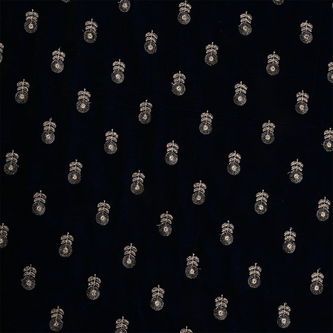 Black Velvet Zari Embroidered Fabric With Navy Blue Edge