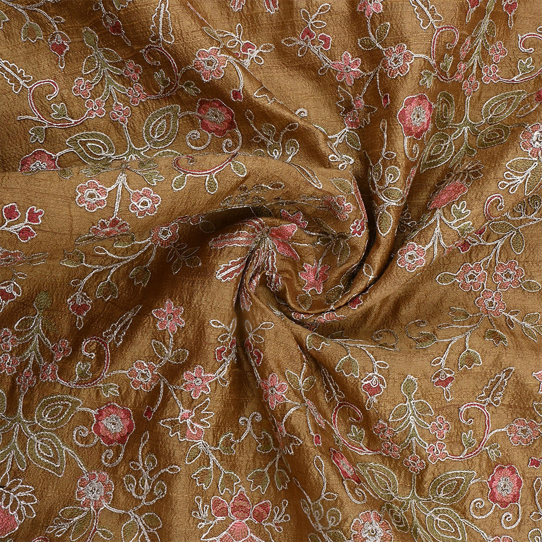 Old Copper Dupion Raw Silk Embroidered Fabric