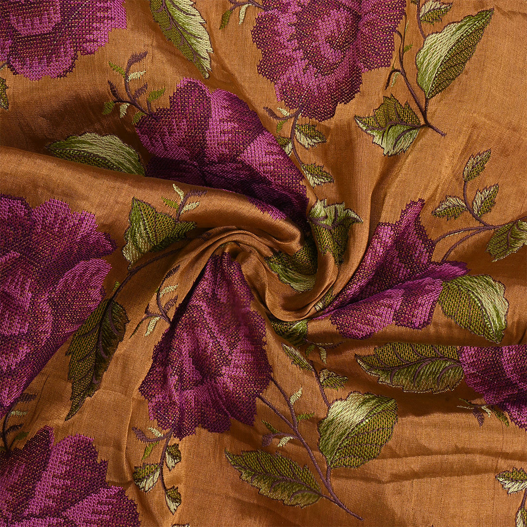 Ruddy Brown Orange Tissue Petit Point Embroidered Fabric